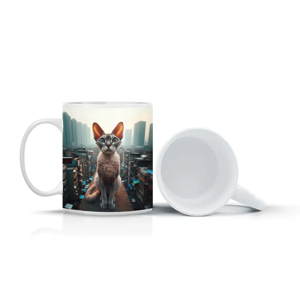 Devon Rex Cat Sitting Over City Skyline – Mugs