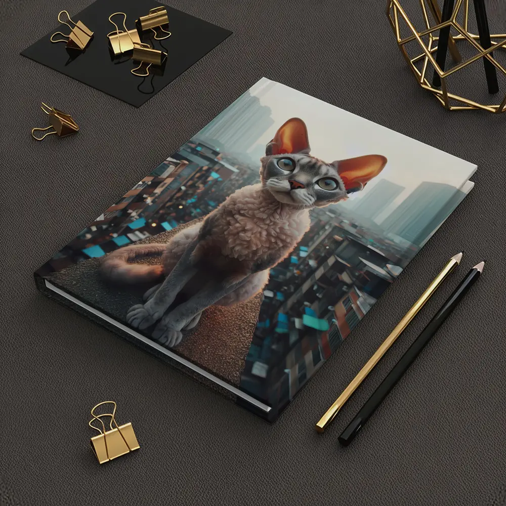 Devon Rex Cat Sitting Over City Skyline – Notebooks