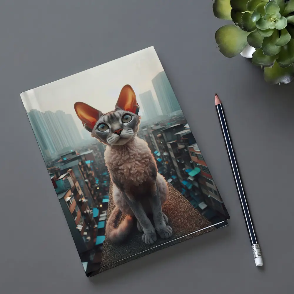 Devon Rex Cat Sitting Over City Skyline – Notebooks