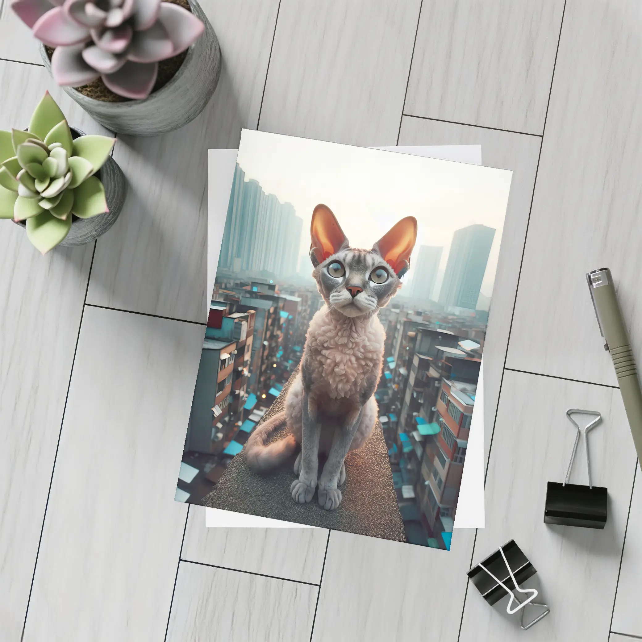Devon Rex Cat Sitting Over City Skyline – Postcards