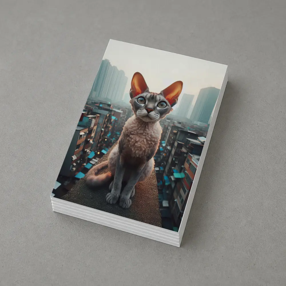 Devon Rex Cat Sitting Over City Skyline – Postcards