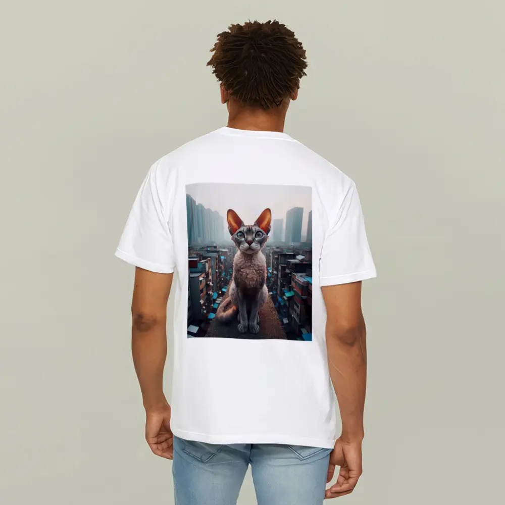 Devon Rex Cat Sitting Over City Skyline – T-Shirts