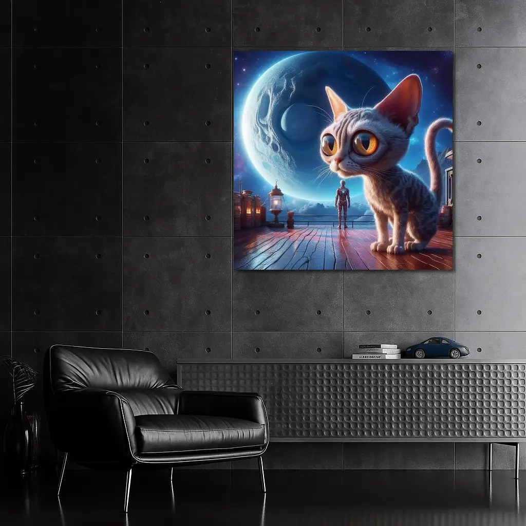 Big Eyed Cat Moonlit Fantasy Space Scene – Wall Art