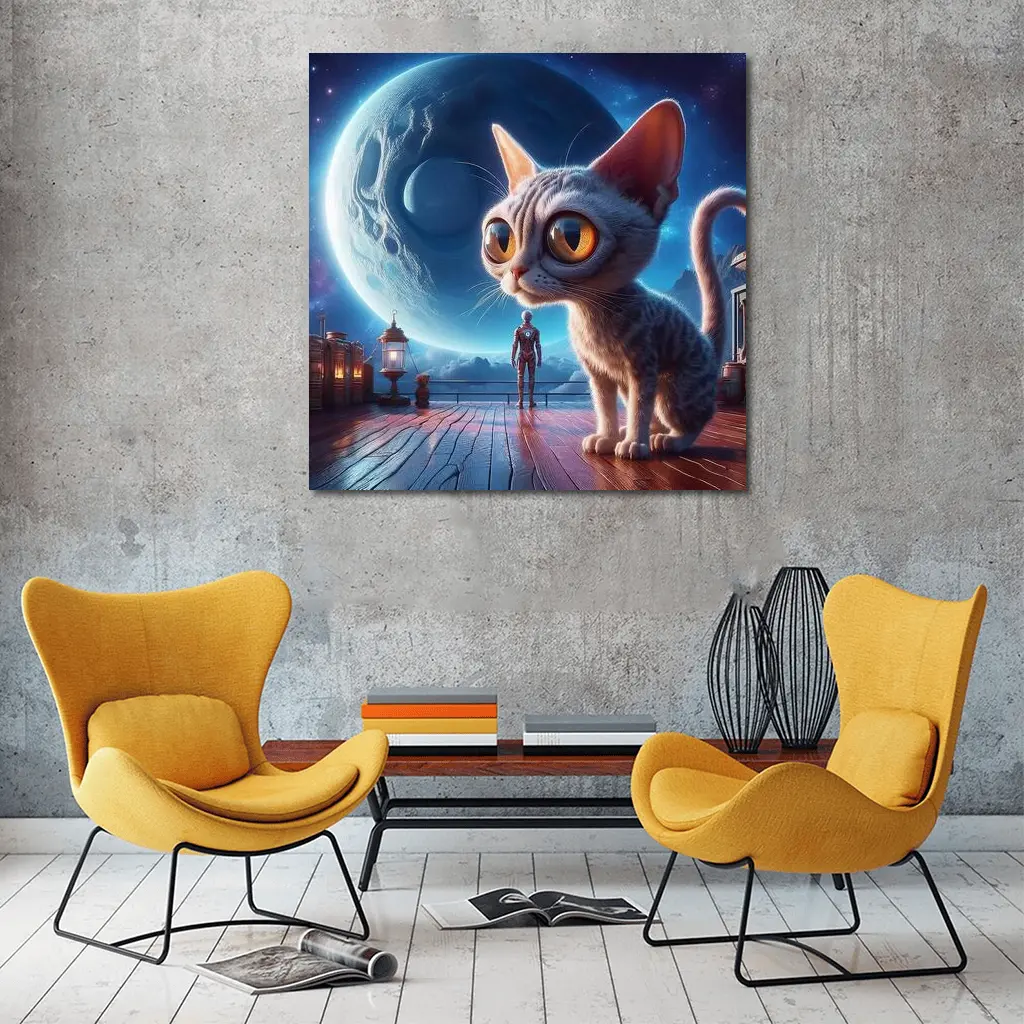 Big Eyed Cat Moonlit Fantasy Space Scene – Wall Art