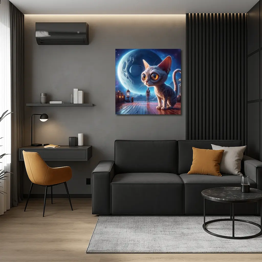 Big Eyed Cat Moonlit Fantasy Space Scene – Wall Art
