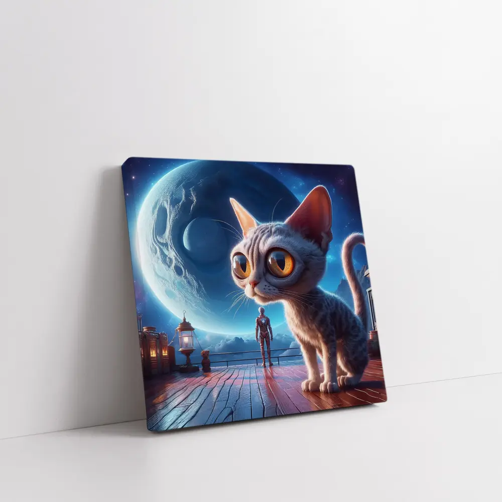 Big Eyed Cat Moonlit Fantasy Space Scene – Wall Art
