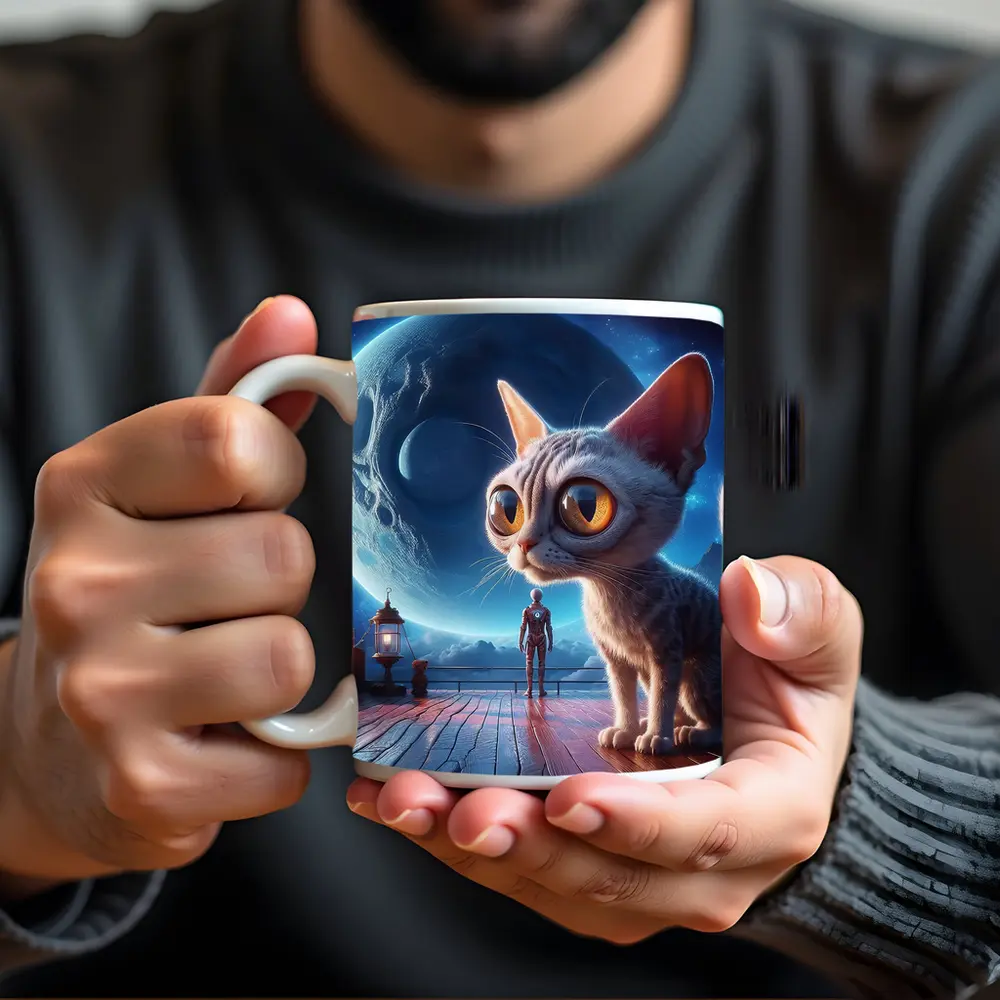 Big Eyed Cat Moonlit Fantasy Space Scene – Mugs