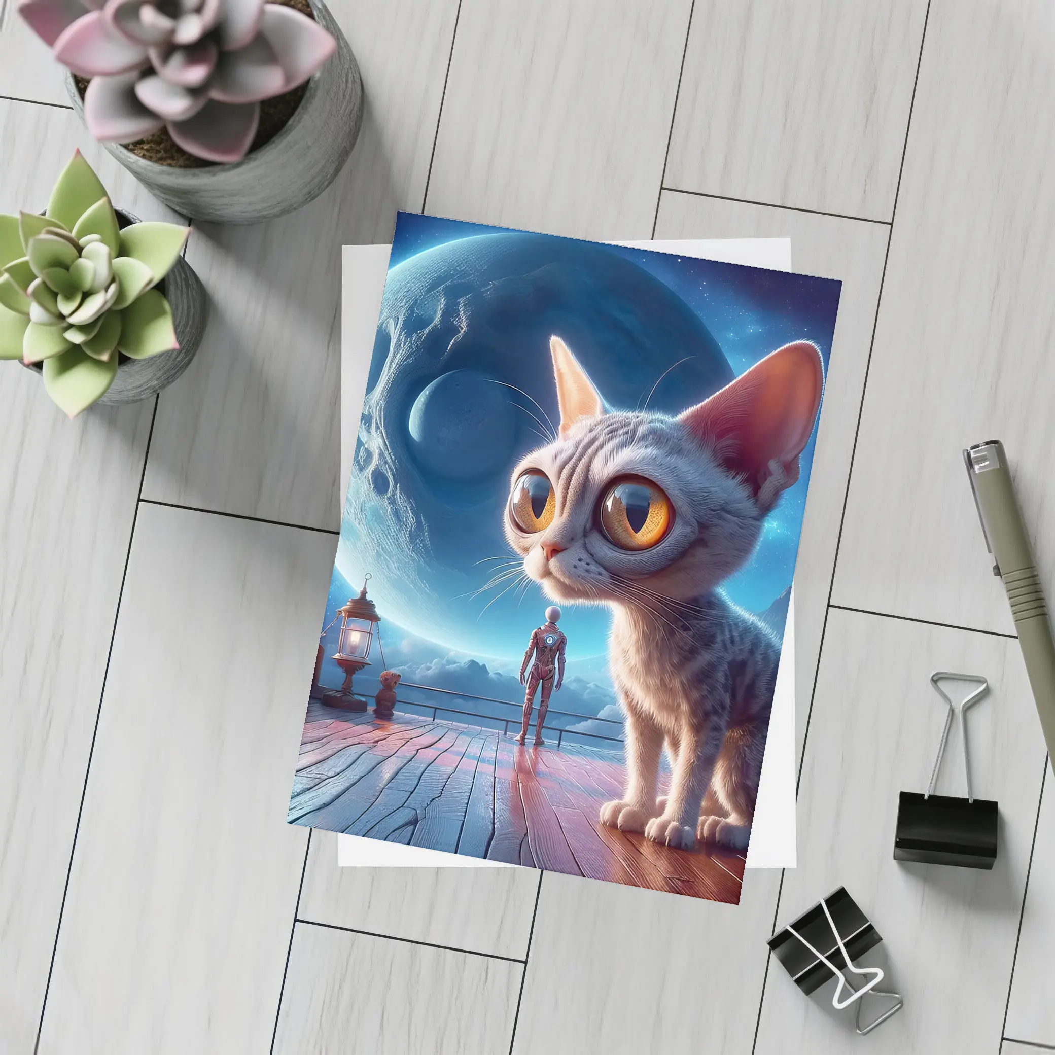 Big Eyed Cat Moonlit Fantasy Space Scene – Postcards