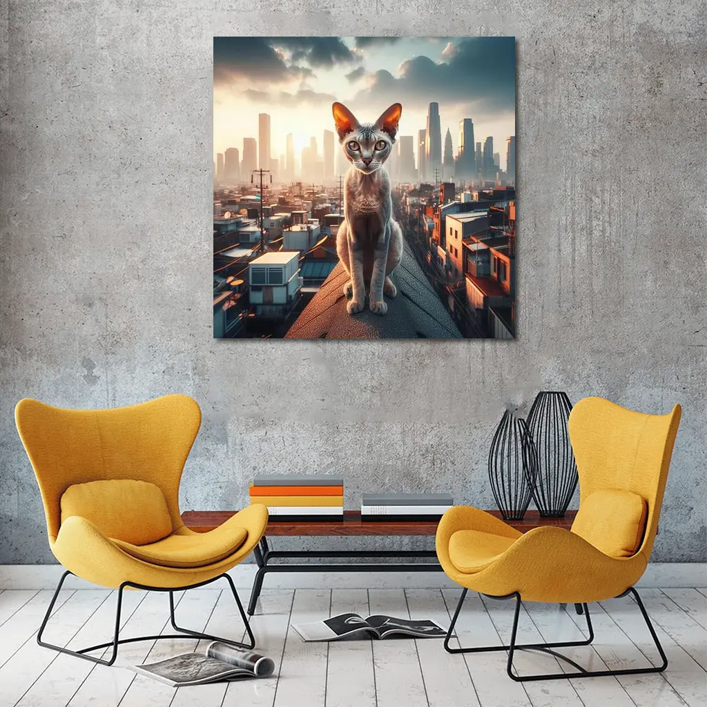 Devon Rex Cat Sitting On City Rooftop – Wall Art