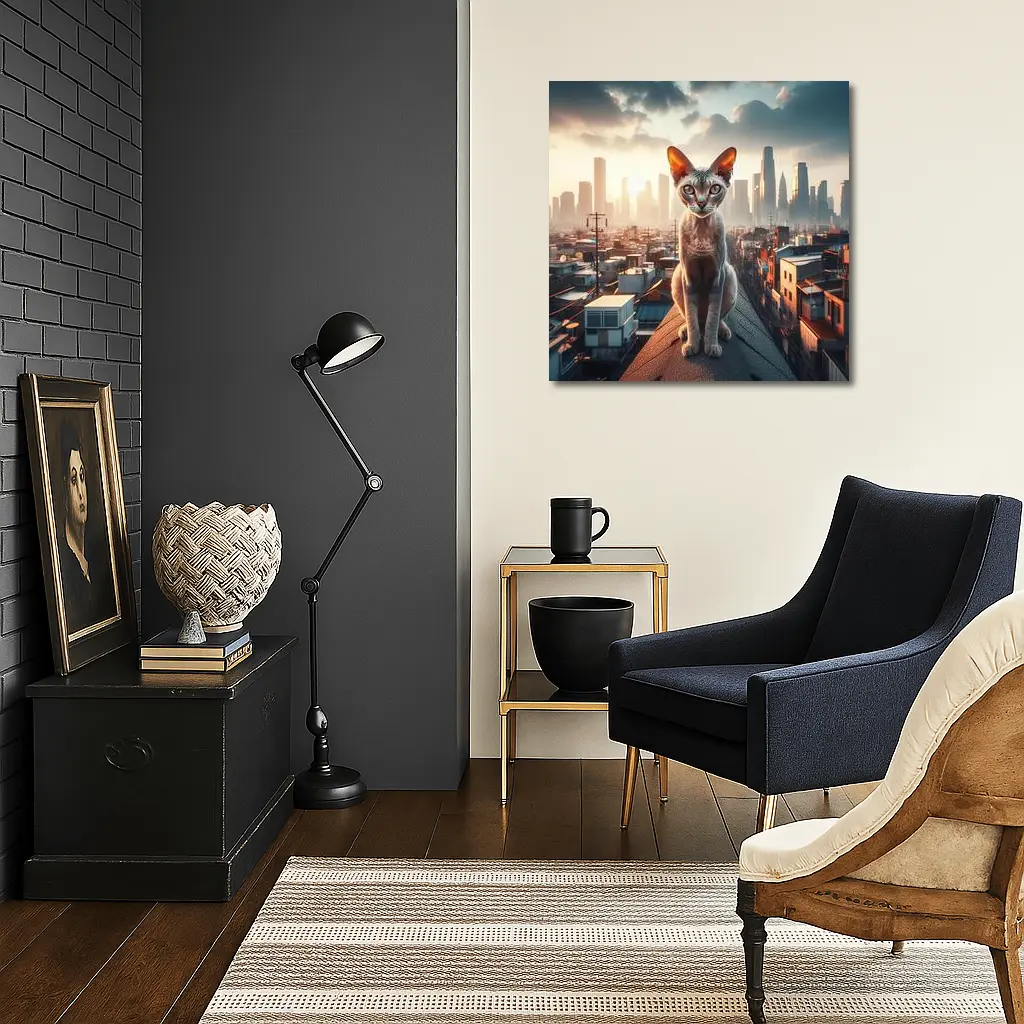 Devon Rex Cat Sitting On City Rooftop – Wall Art