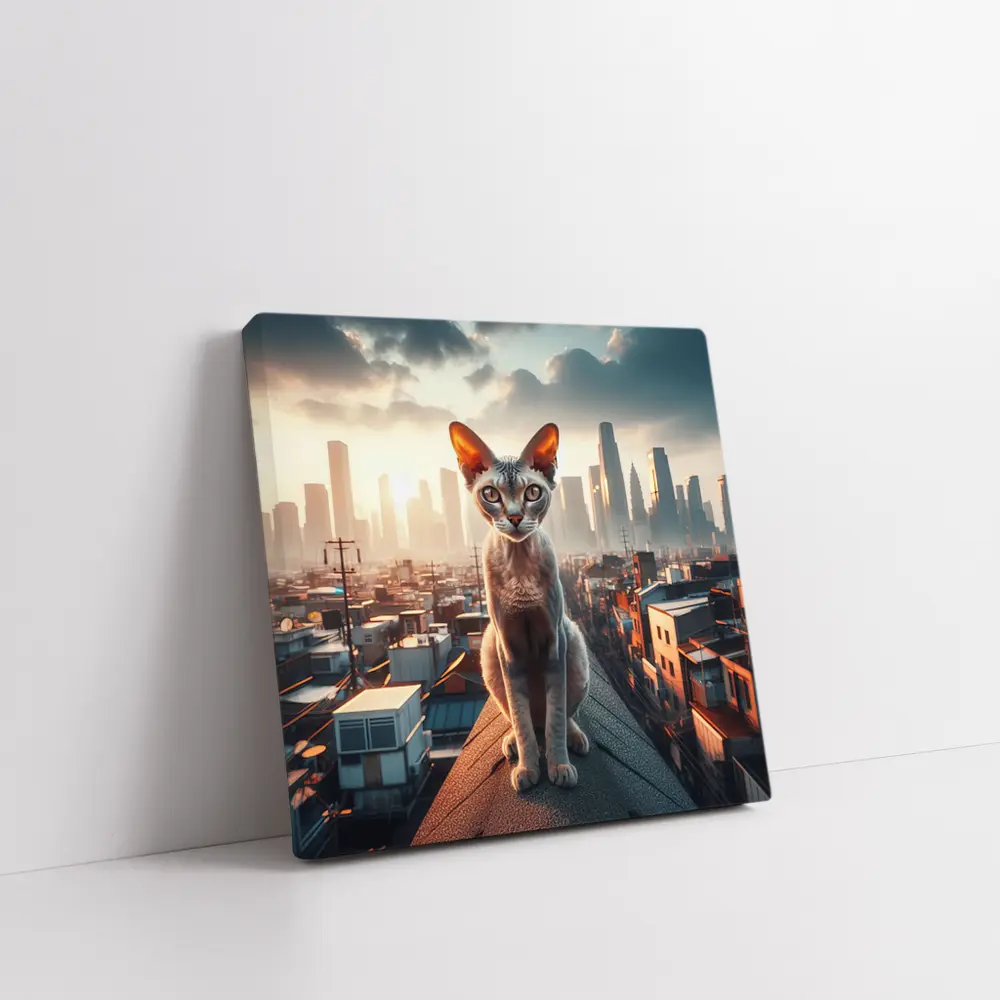 Devon Rex Cat Sitting On City Rooftop – Wall Art