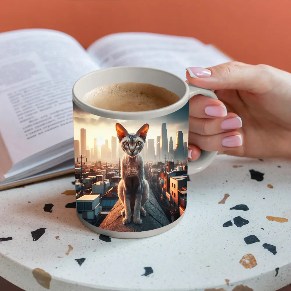 Devon Rex Cat Sitting On City Rooftop – Mugs