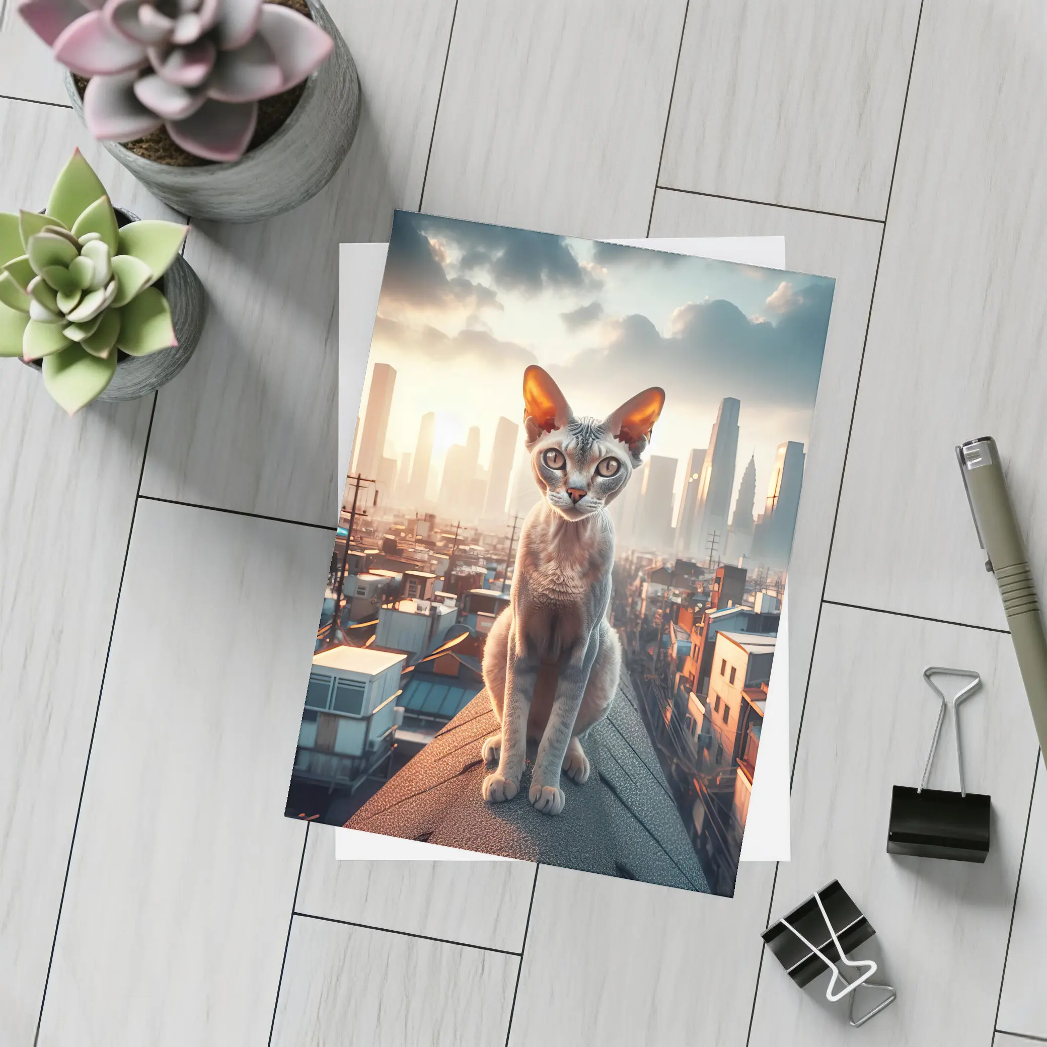 Devon Rex Cat Sitting On City Rooftop – Postcards