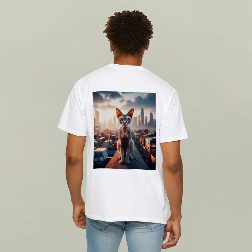 Devon Rex Cat Sitting On City Rooftop – T-Shirts