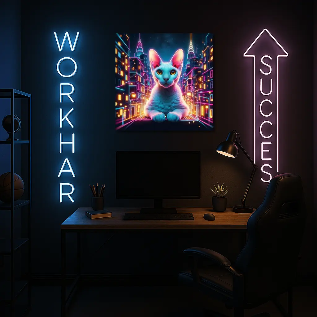 Sphynx Cat Neon City Night Art – Wall Art