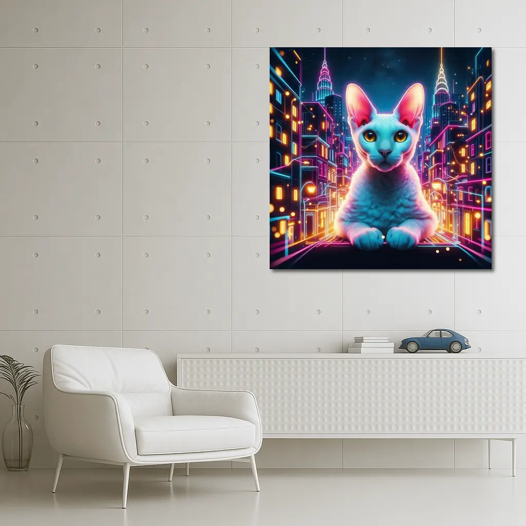 Sphynx Cat Neon City Night Art – Wall Art