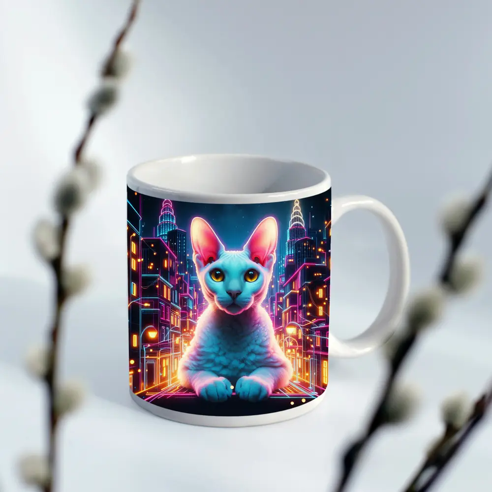 Sphynx Cat Neon City Night Art – Mugs