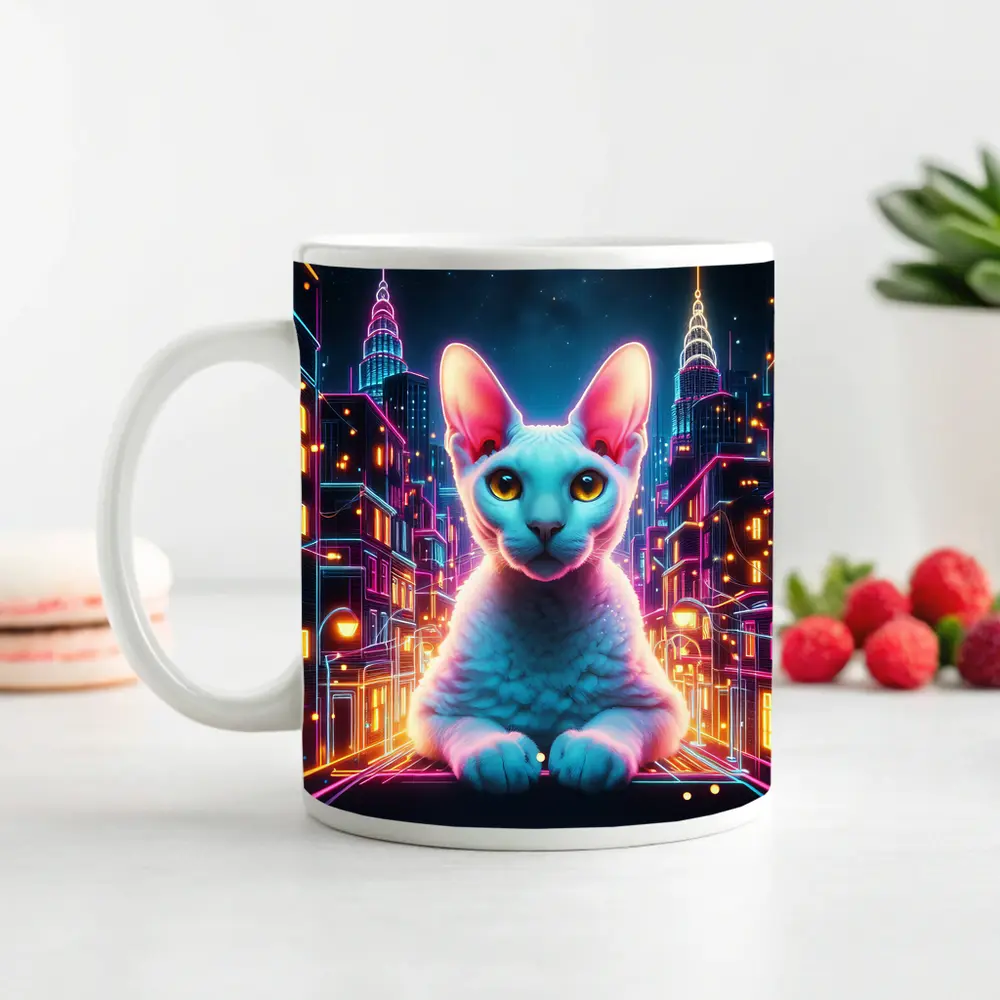 Sphynx Cat Neon City Night Art – Mugs