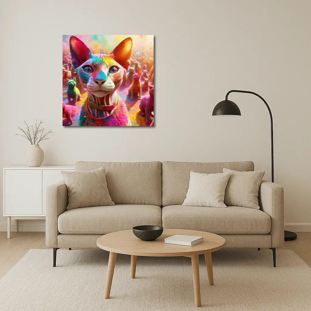 Sphynx Cat Covered in Colorful Festival Paint – Wall Art