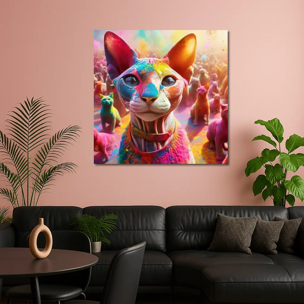 Sphynx Cat Covered in Colorful Festival Paint – Wall Art