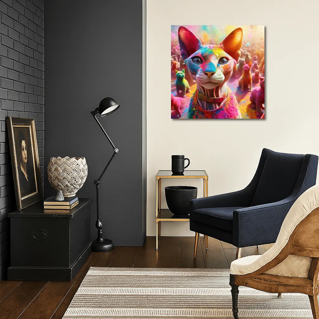 Sphynx Cat Covered in Colorful Festival Paint – Wall Art