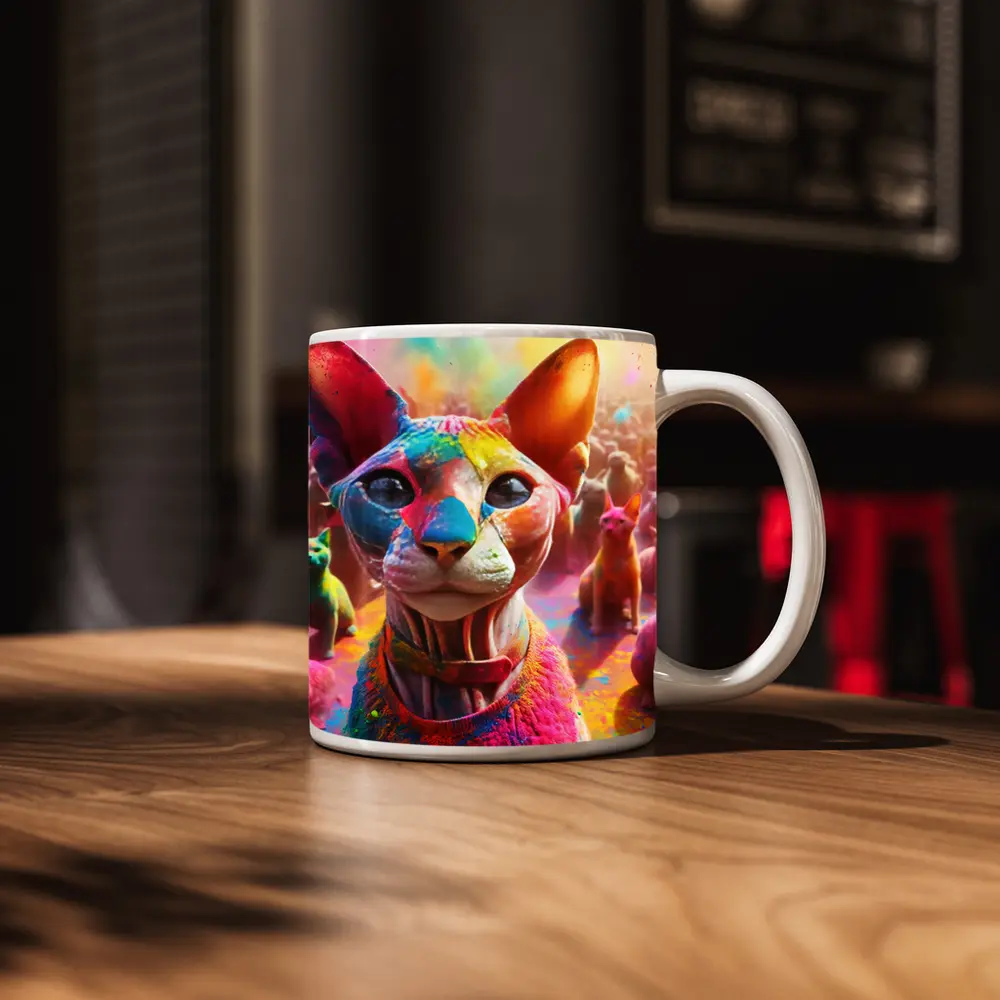 Sphynx Cat Covered in Colorful Festival Paint – Mugs