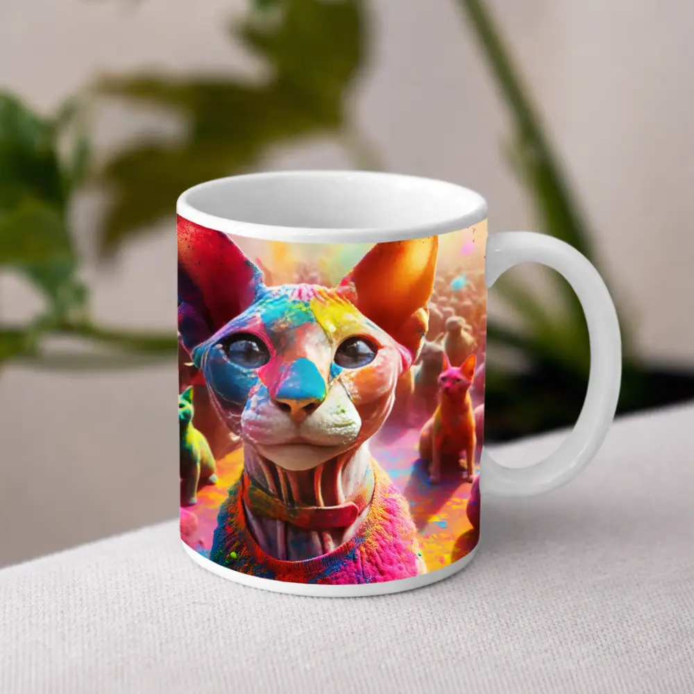 Sphynx Cat Covered in Colorful Festival Paint – Mugs