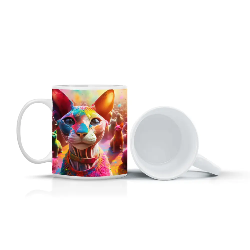 Sphynx Cat Covered in Colorful Festival Paint – Mugs