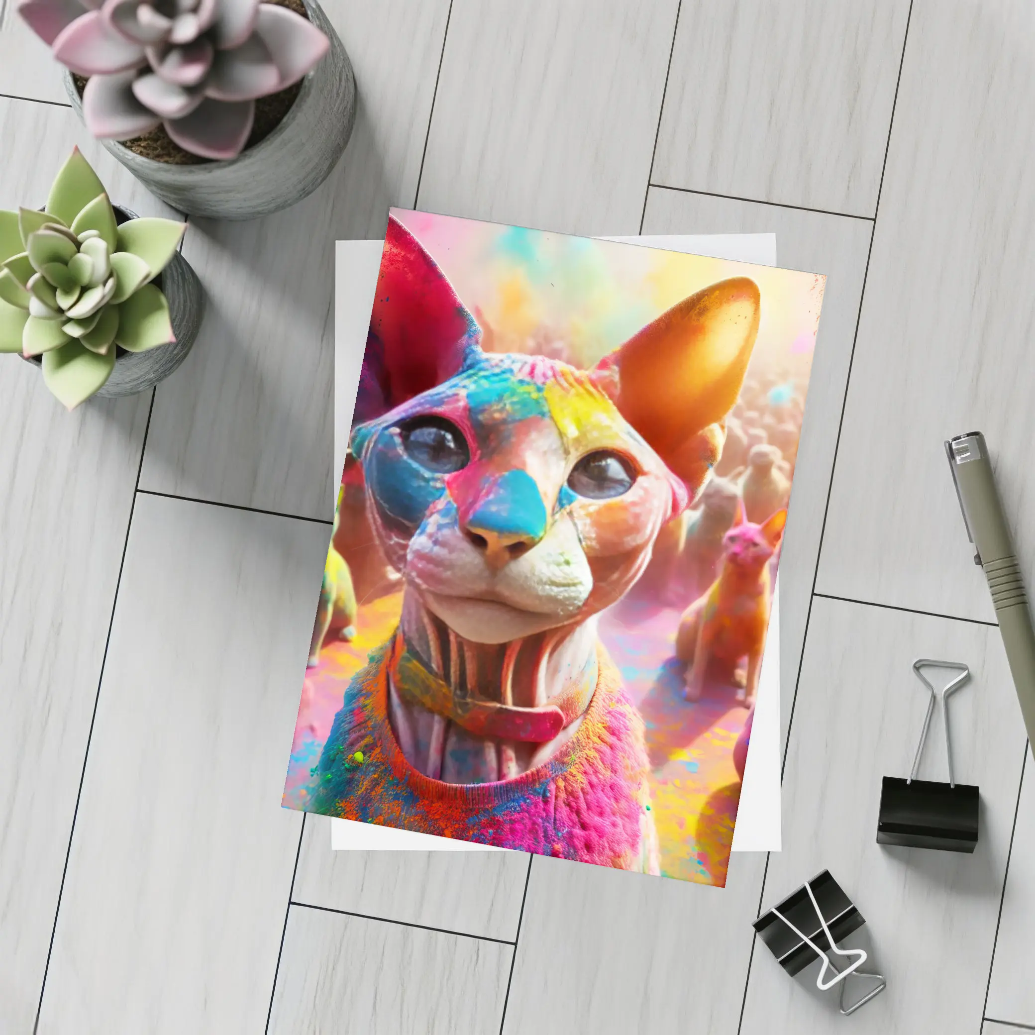Sphynx Cat Covered in Colorful Festival Paint – Postcards