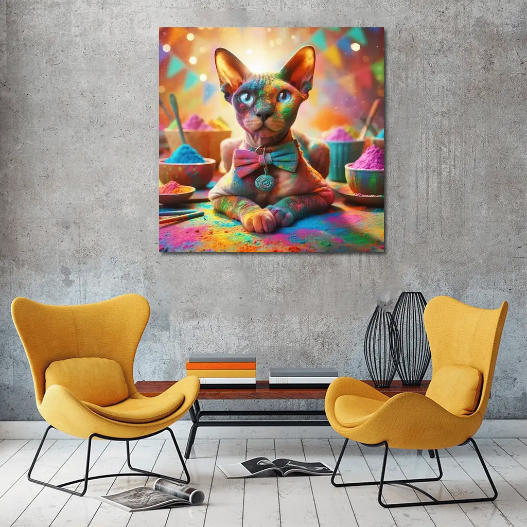 Sphynx Cat Covered Colorful Holi Powder – Wall Art