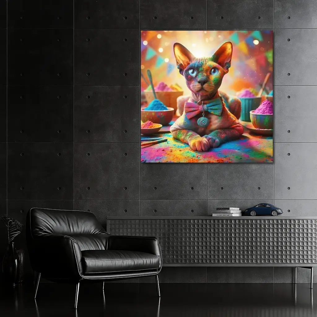 Sphynx Cat Covered Colorful Holi Powder – Wall Art