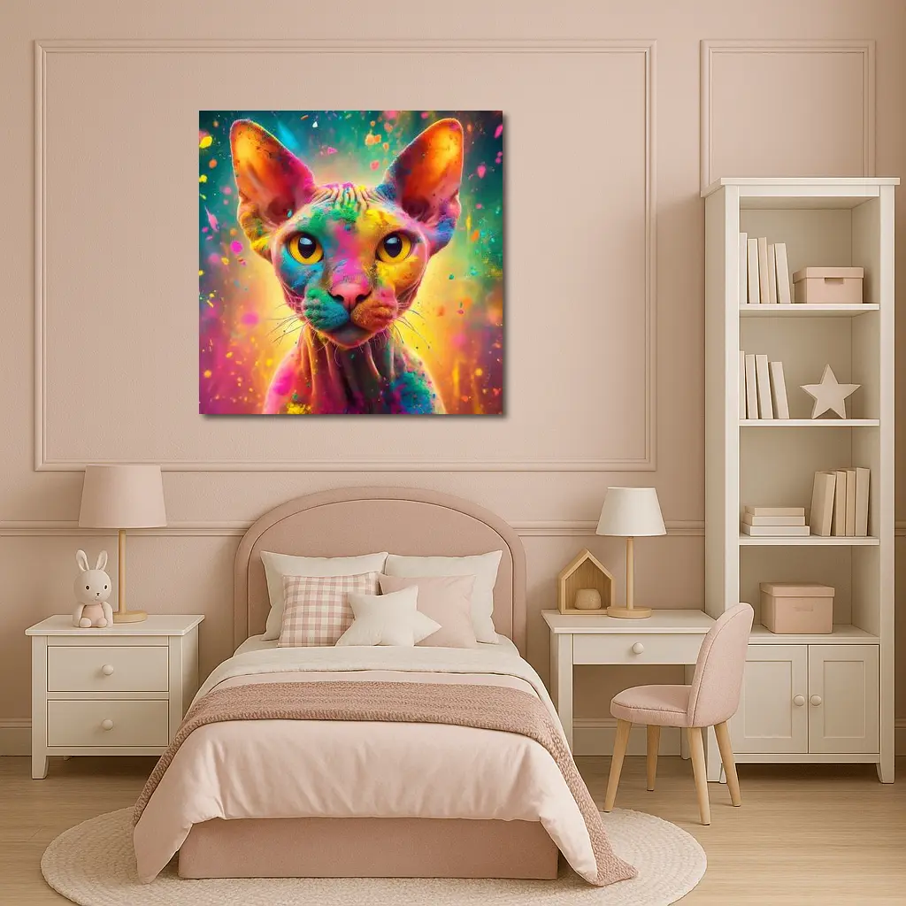 Sphynx Cat Colorful Holi Paint Explosion – Wall Art
