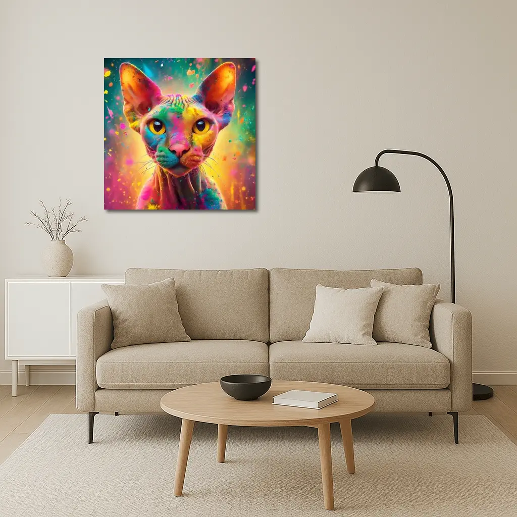 Sphynx Cat Colorful Holi Paint Explosion – Wall Art