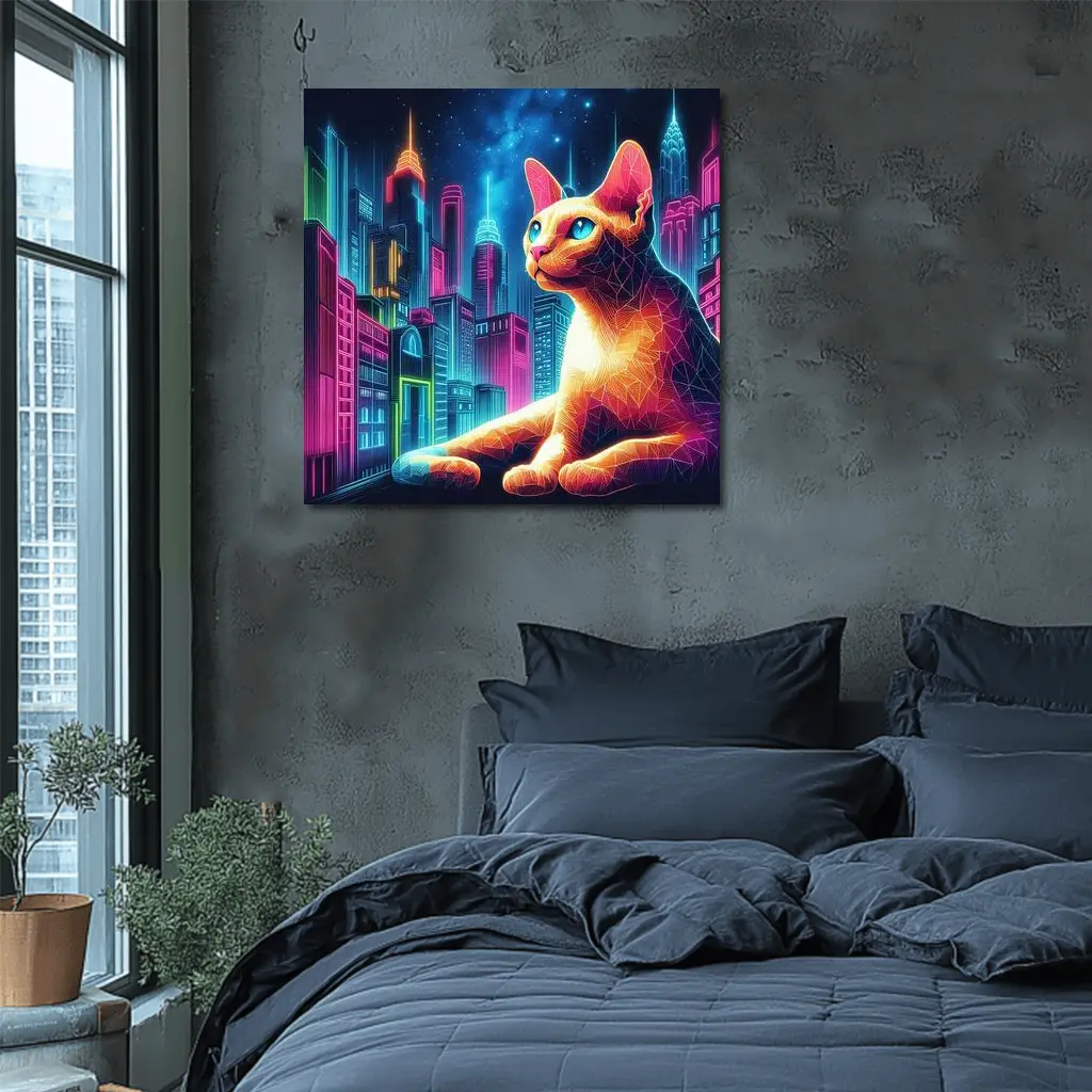 Cornish Rex Cat Neon City Night – Wall Art