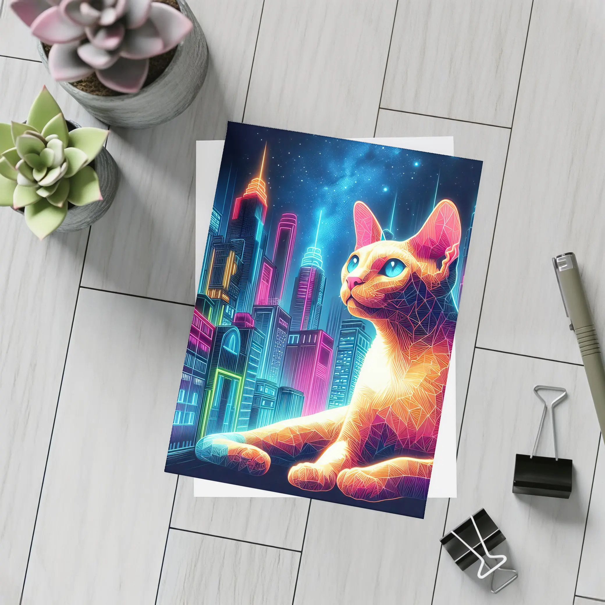 Cornish Rex Cat Neon City Night – Postcards