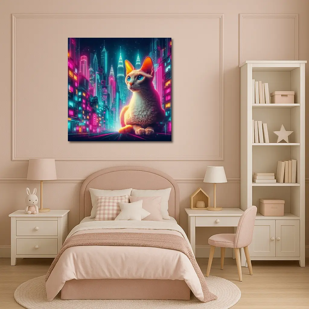 Devon Rex Cat Neon Cyberpunk City Night – Wall Art