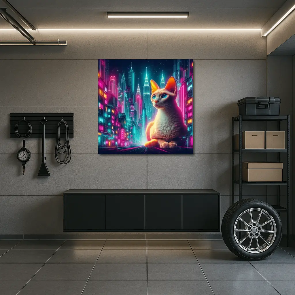 Devon Rex Cat Neon Cyberpunk City Night – Wall Art