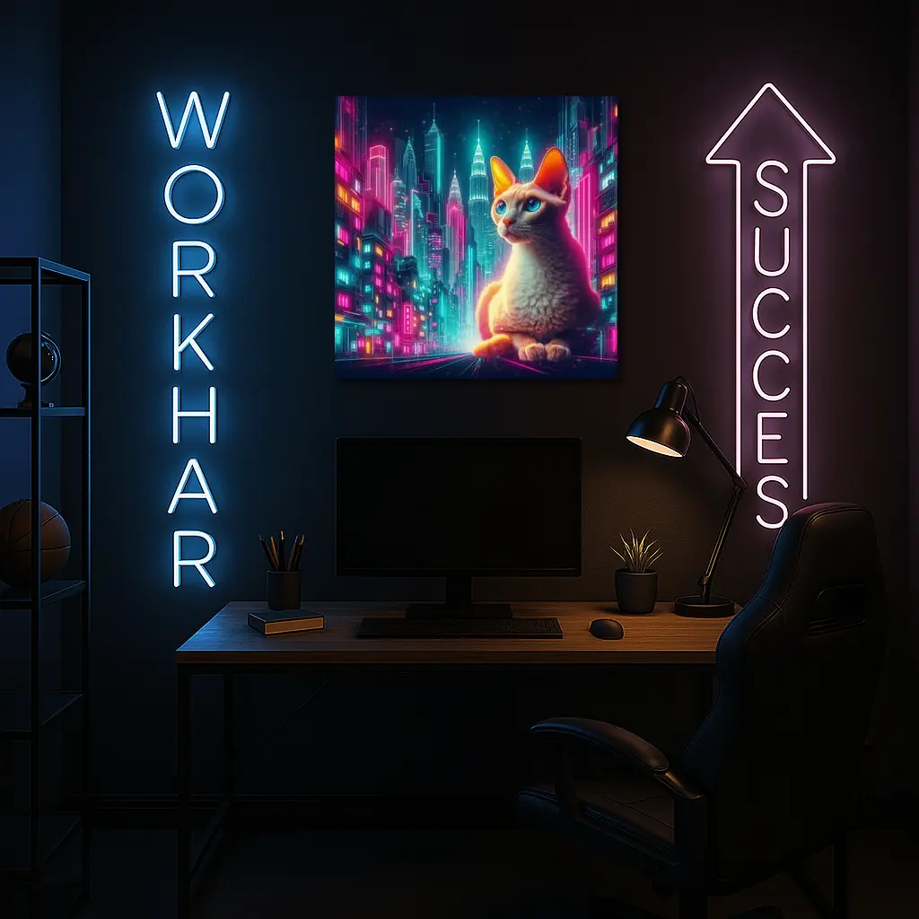Devon Rex Cat Neon Cyberpunk City Night – Wall Art