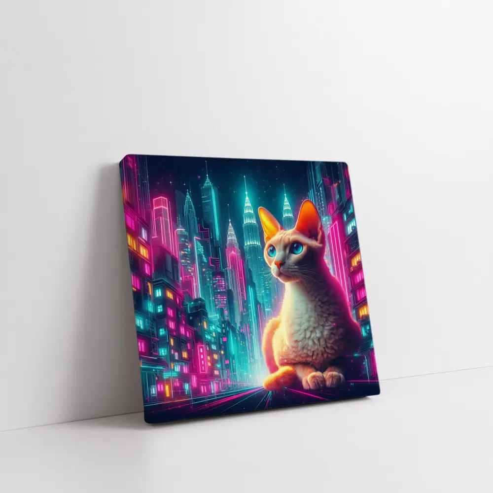 Devon Rex Cat Neon Cyberpunk City Night – Wall Art