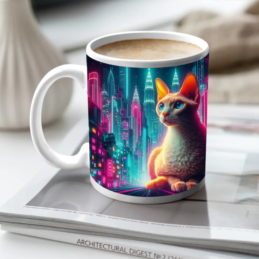 Devon Rex Cat Neon Cyberpunk City Night – Mugs