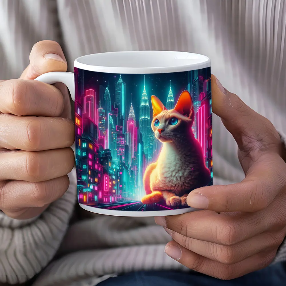 Devon Rex Cat Neon Cyberpunk City Night – Mugs