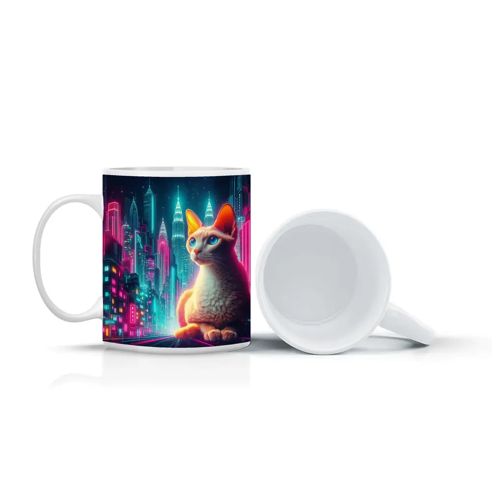 Devon Rex Cat Neon Cyberpunk City Night – Mugs