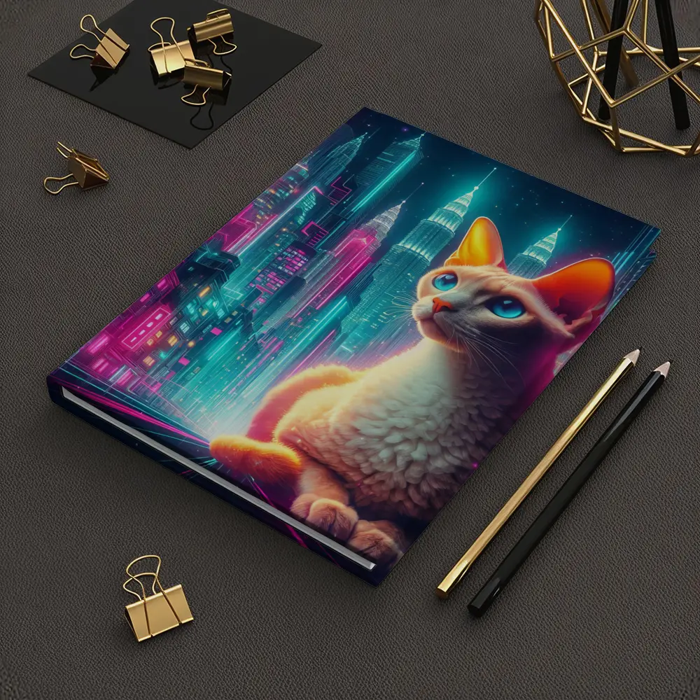 Devon Rex Cat Neon Cyberpunk City Night – Notebooks