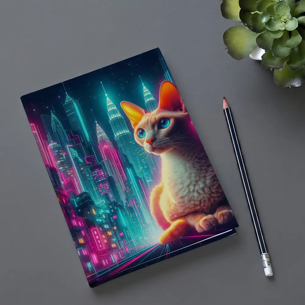 Devon Rex Cat Neon Cyberpunk City Night – Notebooks