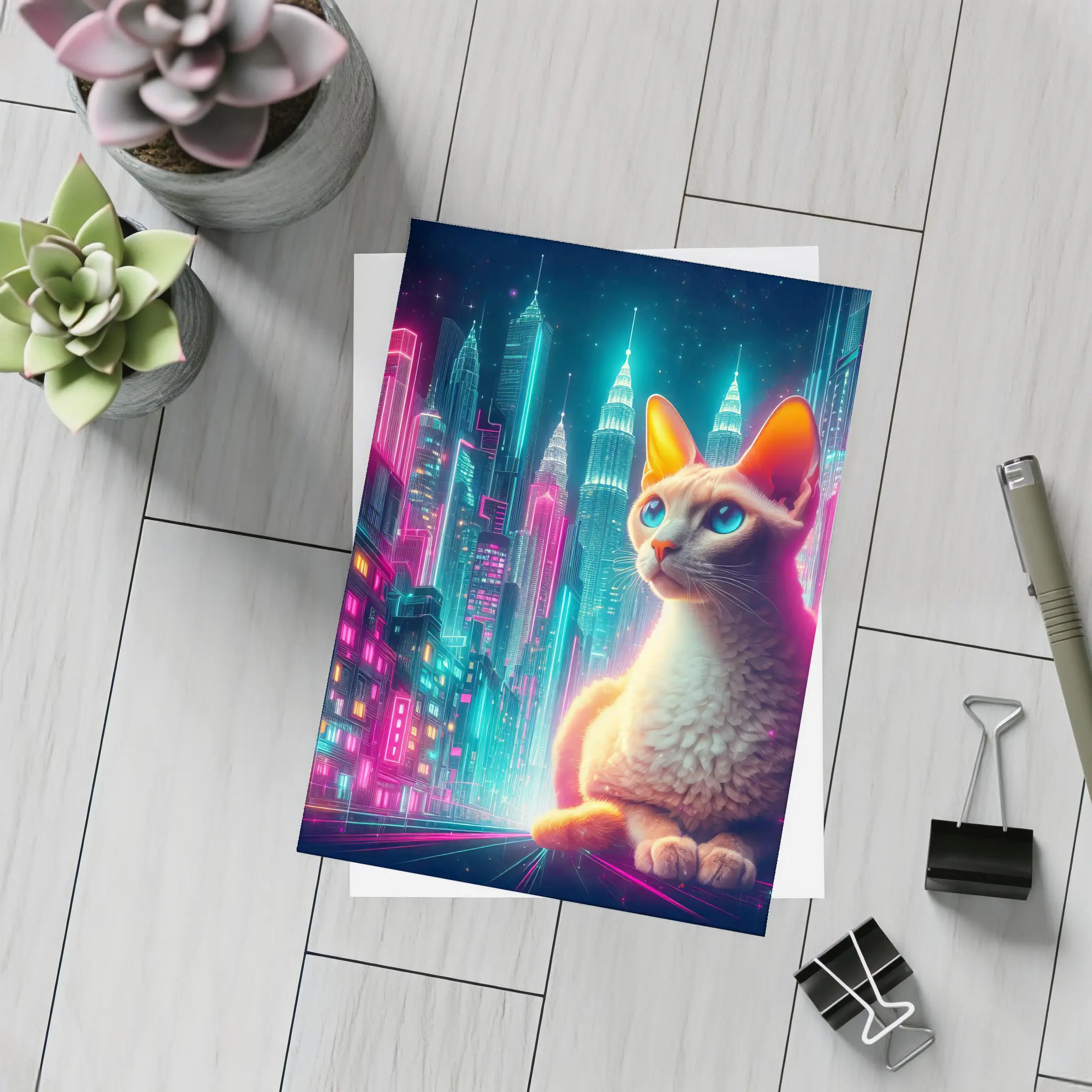 Devon Rex Cat Neon Cyberpunk City Night – Postcards