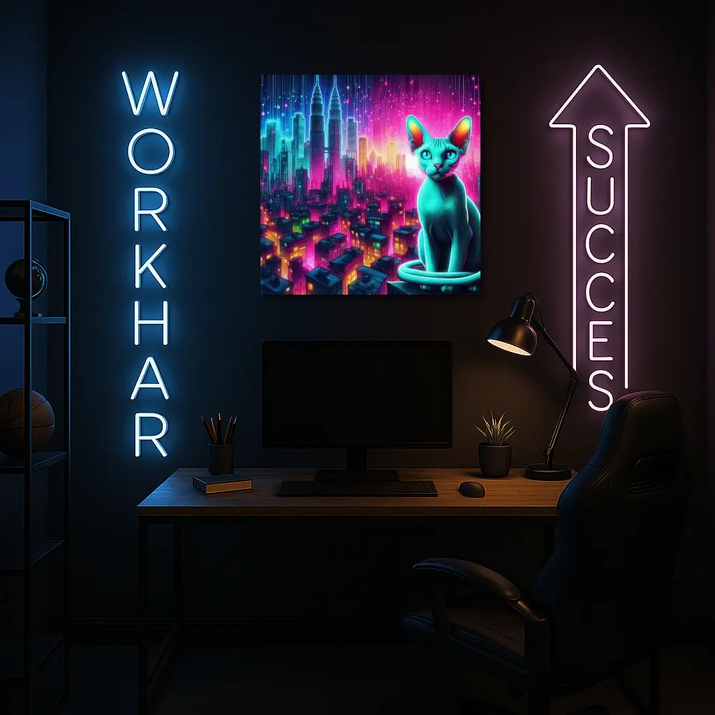 Sphynx Cat Neon Cyberpunk City Night – Wall Art