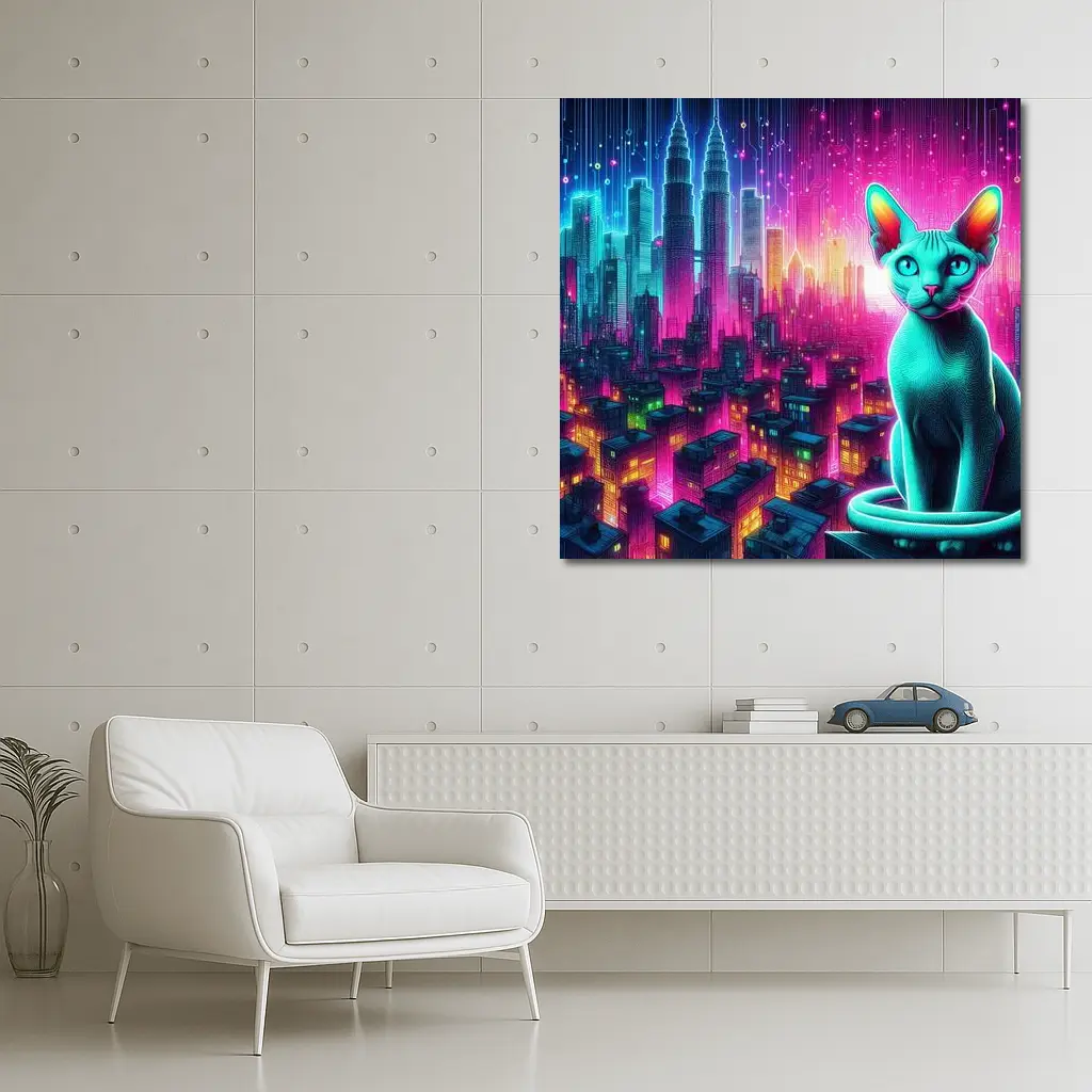 Sphynx Cat Neon Cyberpunk City Night – Wall Art