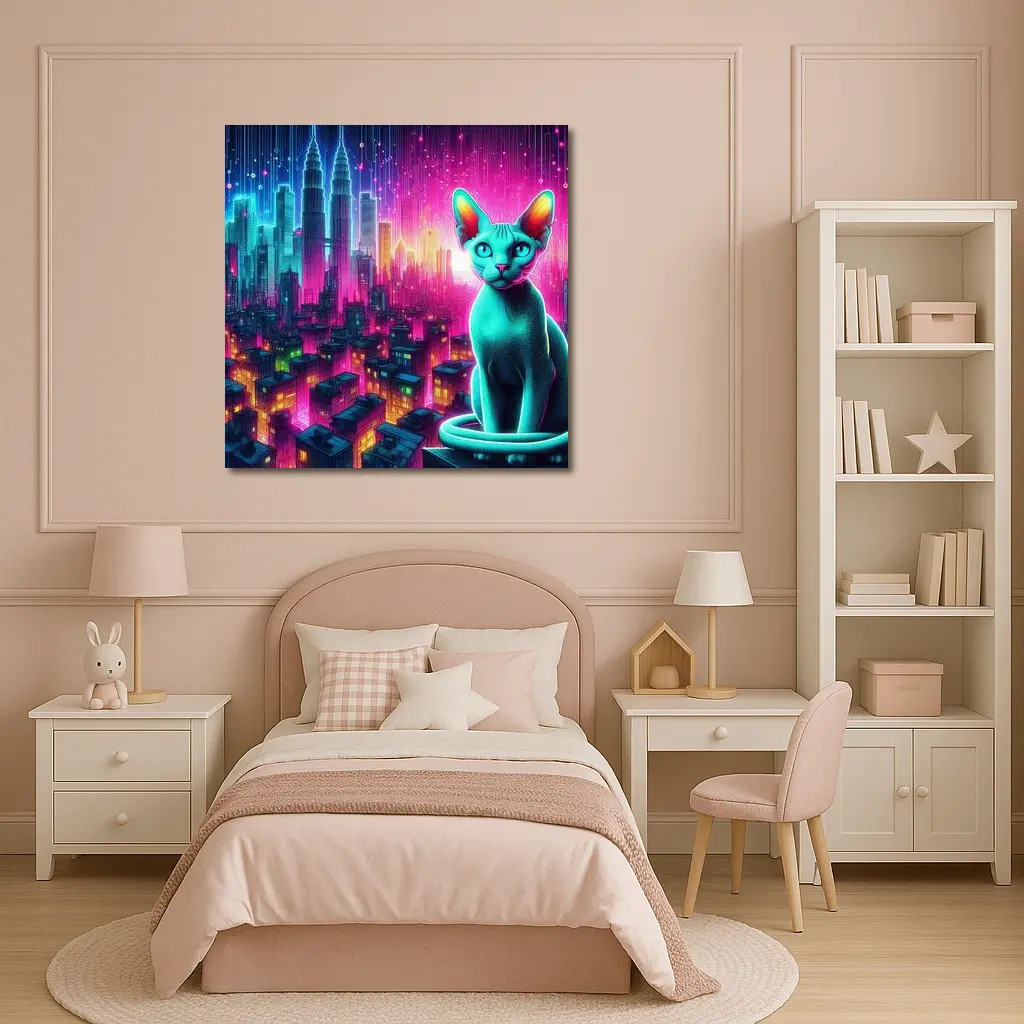 Sphynx Cat Neon Cyberpunk City Night – Wall Art