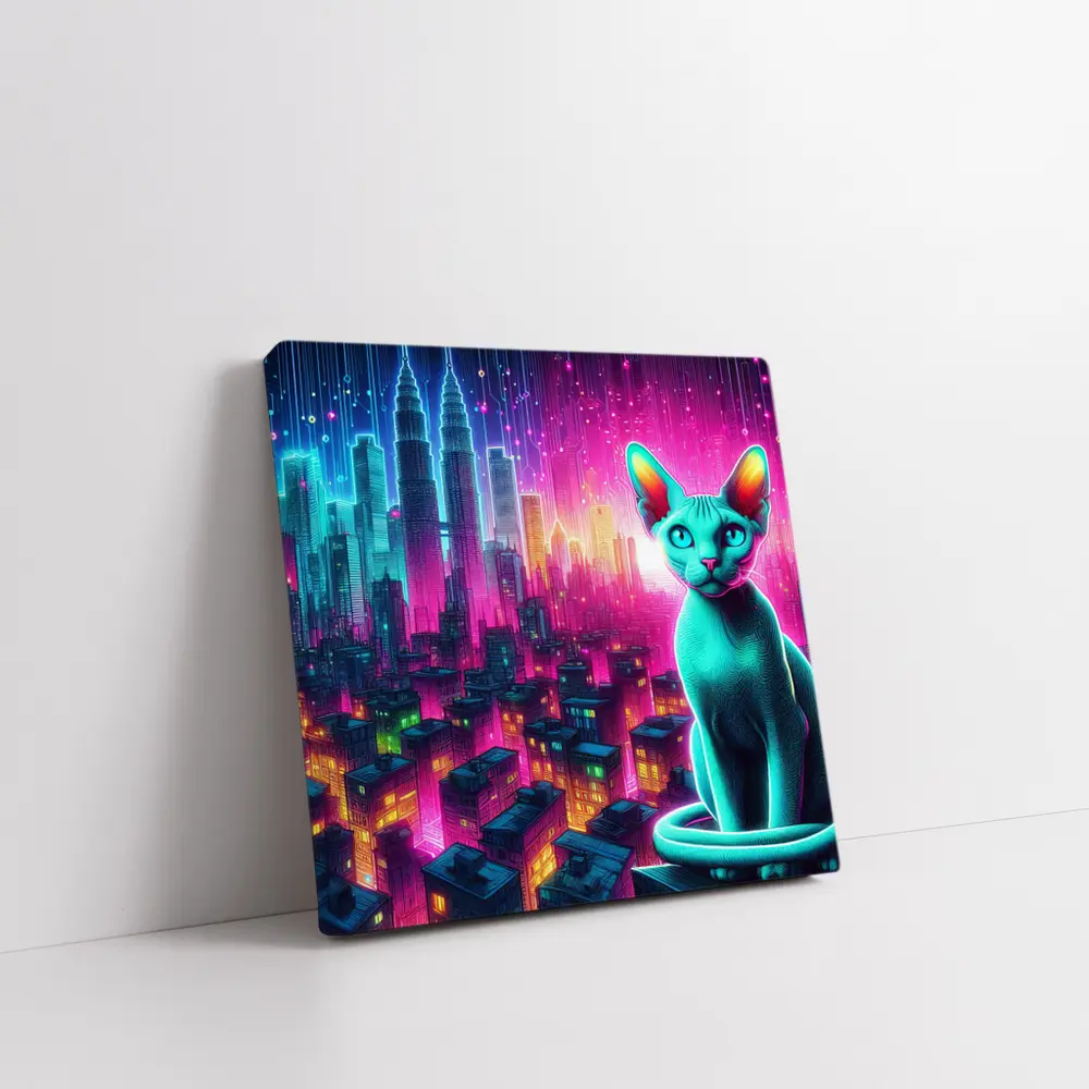 Sphynx Cat Neon Cyberpunk City Night – Wall Art