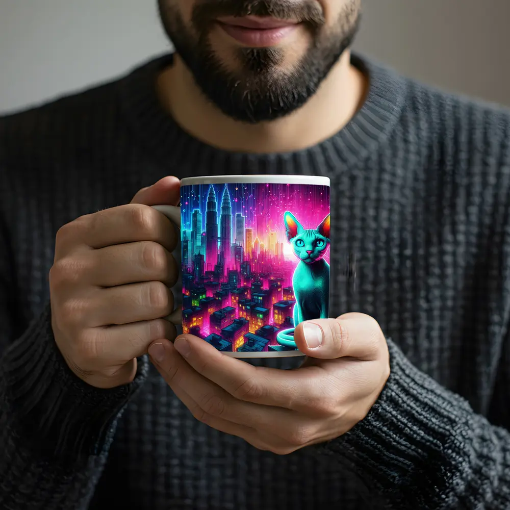 Sphynx Cat Neon Cyberpunk City Night – Mugs